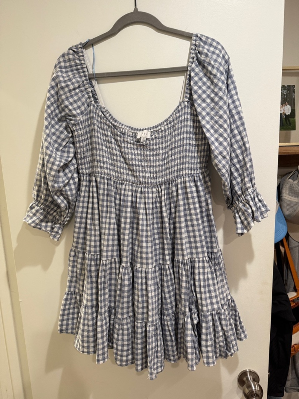 Women's Blue Gingham Smocked Tiered Dress